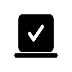 Poster - Black laptop with a white check mark on the screen symbolizing confirmation or successful completion task