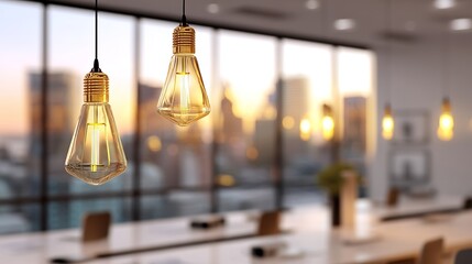 Poster - Elegant lighting and panoramic windows are the focal points of a modern office interior, set against a beautiful blurred background
