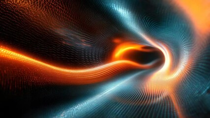 Poster - Dynamic abstract background of flowing digital particles and glowing light waves in orange and blue tones, symbolizing data transfer,futuristic energy streams, virtual communication technology concept