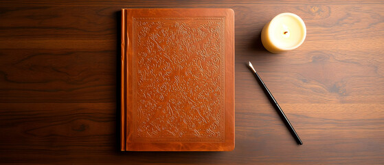 Poster - Brown Leather Book On Wooden Table With Candle And Tool
