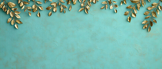 Poster - Golden Leaves Border On Turquoise Textured Background