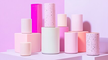 Poster - Artistic Display of Colorful Cylindrical Vases on a Pink Background