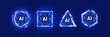 © AntonKhrupinArt - Neon AI portals. Abstract set of neon light blue portals or AI HUD futuristic tech frames. Technology dark background. Game design, or UI and UX interface elements. Digital vector illustration.