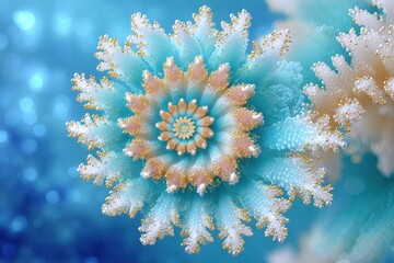 Poster - Teal And Gold Spiral Snowflake Fractal Art