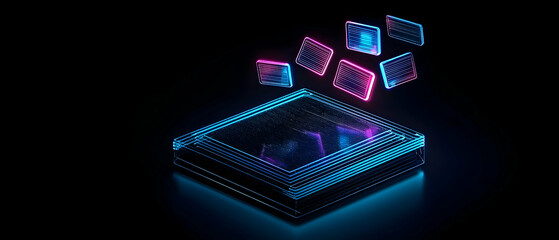 Poster - Glowing Neon Circuit Chip In Dark Background