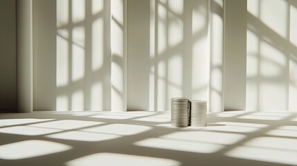 Poster - Stacks of Coins on a Minimalist Surface with Dramatic Shadow Play