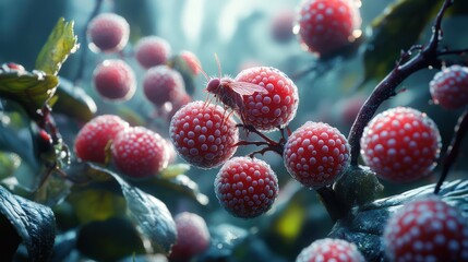 Wall Mural - insect on frosty red berries, misty forest, digital art, science fiction