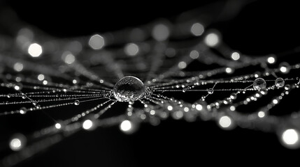 Close up of delicate spiderweb glistening with dewdrops, evoking sense of wonder and intricate beauty of nature in high contrast macro photography