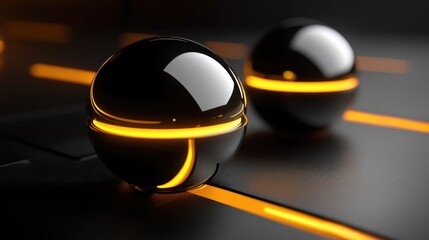 Poster - Two glossy black spheres with glowing orange lines rest on a dark surface