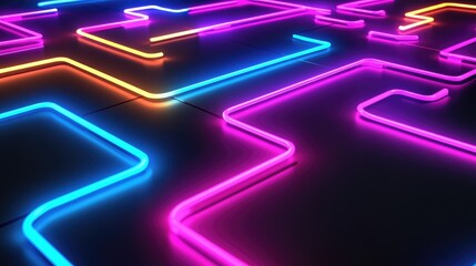 Poster - Abstract neon light maze pattern on dark floor