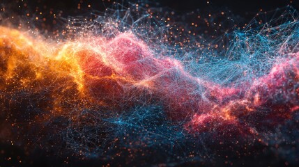 Poster - Abstract Network Nebula Forming Interconnected Mesh of Data Points in Orange Pink and Blue Tones
