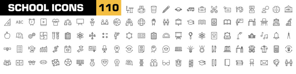 School icons. Back to school vector set. Isolated college line icon. Education icon set. Student  class sign. Desk line vector set.