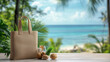 © Thailand Smile - Stylish beach bag sits on wooden table, surrounded by natural elements like nuts and small plants, with serene ocean view in background