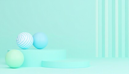 Poster - A serene, minimalist composition featuring mint-colored spheres and geometric shapes, evoking a tranquil and modern aesthetic