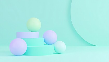 Poster - A serene composition featuring pastel-colored geometric shapes and spheres on a soft mint background, creating a minimalist aesthetic