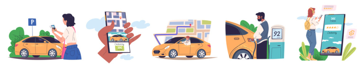 People sharing car. Online rent vehicle app in phone, waiting taxi driver take photo parking auto rental transport fuel cabs mobile service carsharing classy vector illustration