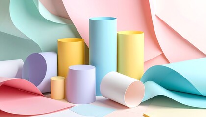 Poster - Colorful paper shapes and rolls are arranged artistically, creating a vibrant and playful composition with pastel tones