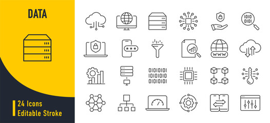 Poster - Data web icons in line style. Statistics, analysis, database, server, processing, data, collection. Vector illustration.