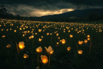 Wall Mural - a meadow that blooms with glowing flowers during thunderstorms hours
