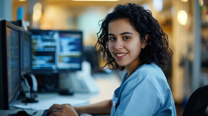 Young woman with curly hair, wearing a blue scrub top, smiling at the camera while typing on a keyboard with a computer screen displaying code in the background.