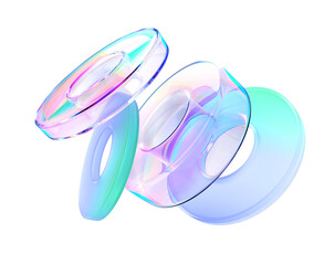Poster - Abstract 3d background with transparent glossy and glass morphism rings. Crystal geometric shapes with rainbow color gradient texture. Holographic circular neon blur dynamic elements