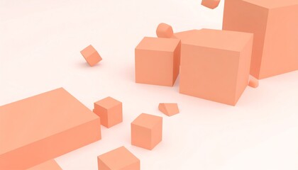 Poster - Abstract geometric shapes scattered on a soft pink background, featuring cubes and other forms in a minimalist style