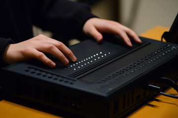 Wall Mural - a close-up of hands using a modern braille display device connected to a computer, highlighting assi