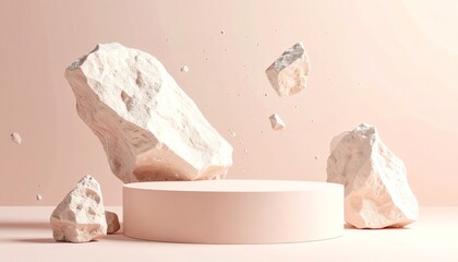 Poster - A minimalist scene featuring floating rocks above a round pedestal, set against a soft pink background, evoking a sense of tranquility and modern design