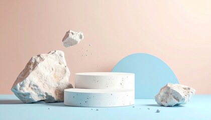 Poster - A minimalist scene featuring two circular platforms, rocks, and a smooth geometric shape against a pastel background, creating a modern aesthetic