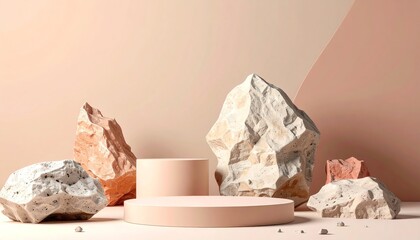 Poster - A minimalist scene featuring textured rocks and a circular pedestal against a soft pink background, creating a harmonious and modern aesthetic