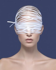 Wall Mural - woman's face is covered with white string, giving the impression of a mask. concept of mystery and i