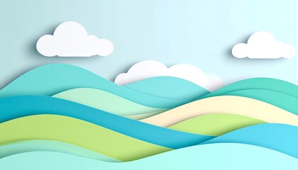 Poster - A serene landscape of layered waves in soft colors, accompanied by fluffy clouds against a light blue background, creating a tranquil and artistic atmosphere