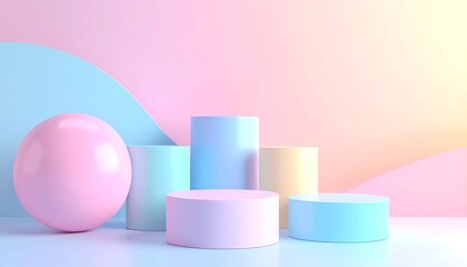 Poster - Soft pastel shapes create a serene, modern composition, featuring spheres and cylinders against a gradient background