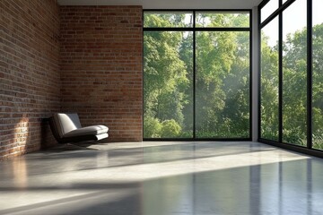 Poster - A modern office space with a brick wall and a large window