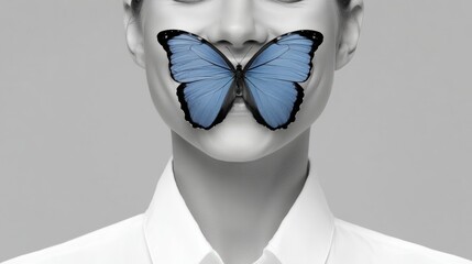 Wall Mural - woman's face is covered by a butterfly. the butterfly is blue and has a black head
