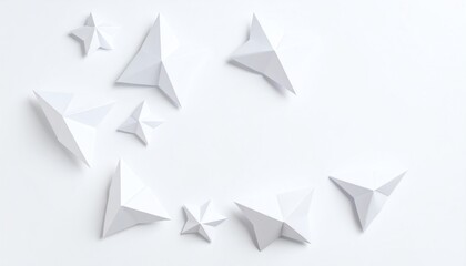 Poster - Minimalist white paper sculptures arranged artistically, showcasing various geometric shapes on a clean surface, emphasizing simplicity and elegance