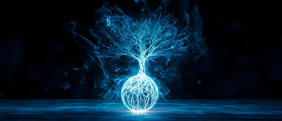 Poster - glowing digital tree in dark blue background