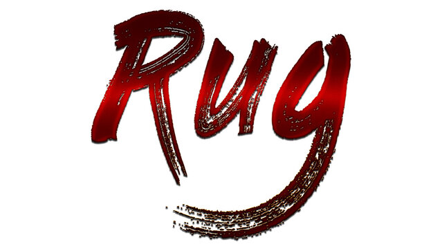 3D blood red word design of Rug on white background.	