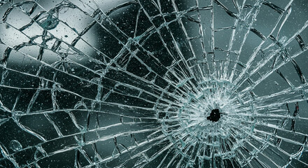 Broken glass with cracks radiating from a point.
