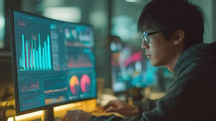 MAN works on computer coding and data analysis in a dimly lit modern office