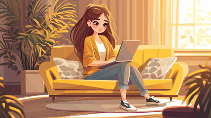 Poster - Girl working home. Woman freelancer remote sit on couch living room, student with laptop distance learning vector illustration