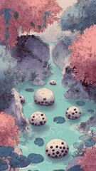 Wall Mural - fantastic landscape showing a turquoise river flowing between rocks and lush vegetation, with severa