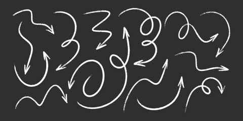 Poster - White chalk arrows on black chalkboard - artistic hand sketched doodle swirls, chaotic curved lines, pointers. Pencil crayon grunge scribbles, design elements drawings. Isolated marker stroke vector.