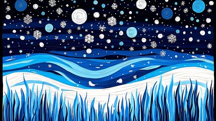 Poster - Winter snowflakes dance over calm ocean waves abstract art digital illustration cool color palette night sky

