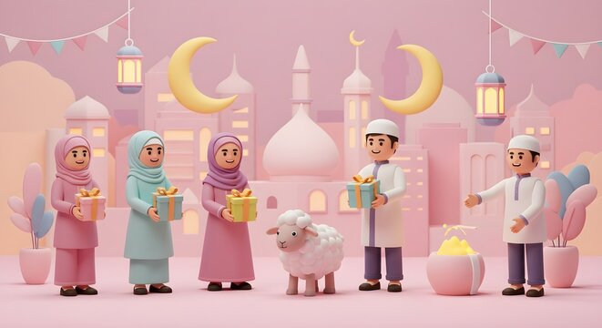 Cute Eid al-Adha Celebration
Kids Eid Gift Exchange
Cartoon Muslim Family Eid
Sweet Eid al-Adha Scene
Joyful Eid Gathering