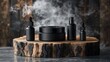 © RONNY - Black skincare set on wooden slice