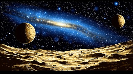 Poster - Exploring celestial landscapes cosmic view of two moons and galaxy outer space digital art starry environment aesthetic perspective