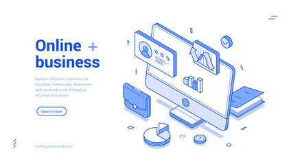 Fototapete - Online business management analyzing optimization isometric web banner vector illustration. Internet sale commercial retail making money computer digital technology monochrome landing page