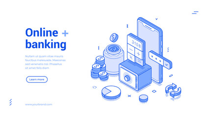 Fototapete - Online banking financial accounting smartphone application isometric web banner vector illustration. Internet mobile bank electronic money budget savings control service landing page
