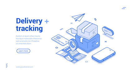 Fototapete - Delivery service courier GPS tracking smartphone application web banner monochrome isometric vector illustration. Online shopping post parcel cargo shipping mobile phone app landing page